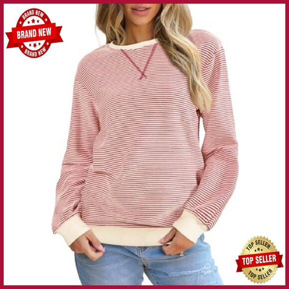 Women's Striped Crewneck Sweatshirt Long Sleeve Pullover Cotton Blend Loose Fit - Picture 2 of 8
